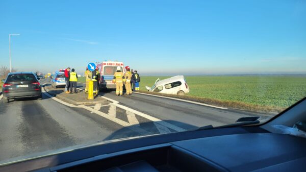 Wypadek na drodze DW401 na trasie Nysa - Grotków. Auto wpadło do rowu. Pojazdem podróżowały 3 osoby .(Zdjęcia)