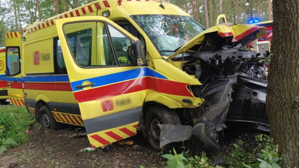 Wypadek karetki na DK45 na drodze Jasienie - Kopalina. Dwóch ratowników medycznych i pacjent zostali poszkodowani.