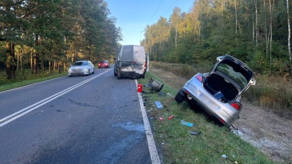 Zdarzenie drogowe z udziałem busa i osobówki na DW426 w miejscowości Zawadzkie.