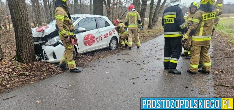 Dostawca jedzenia na wynos stracił panowanie nad pojazdem i uderzył w drzewo . Z obrażeniami ciała trafił do szpitala.(Zdjęcia)