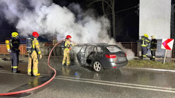 Wypadek w Kępie. Kierujący seatem uderzył w most w wyniku czego samochód stanął w płomieniach (Foto&Wideo)